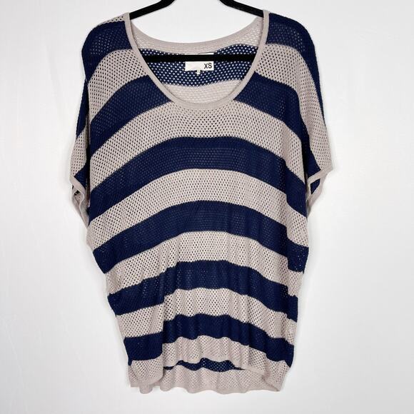 Rag & Bone Womens XSmall Cream Blue Bold Stripe Open Knit Sweater Short Sleeve - Picture 1 of 8